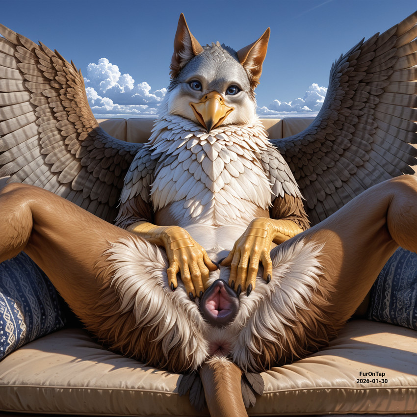 animal_genitalia anus beak blue_eyes brown_body brown_feathers brown_fur cloud feathered_wings feathers female feral fur genitals looking_at_viewer lying nude on_back outside presenting presenting_pussy pussy realistic solo spread_legs spread_pussy spread_wings spreading tail tail_feathers white_body white_feathers white_fur wings furontap avian gryphon mythological_avian 2026 detailed hi_res