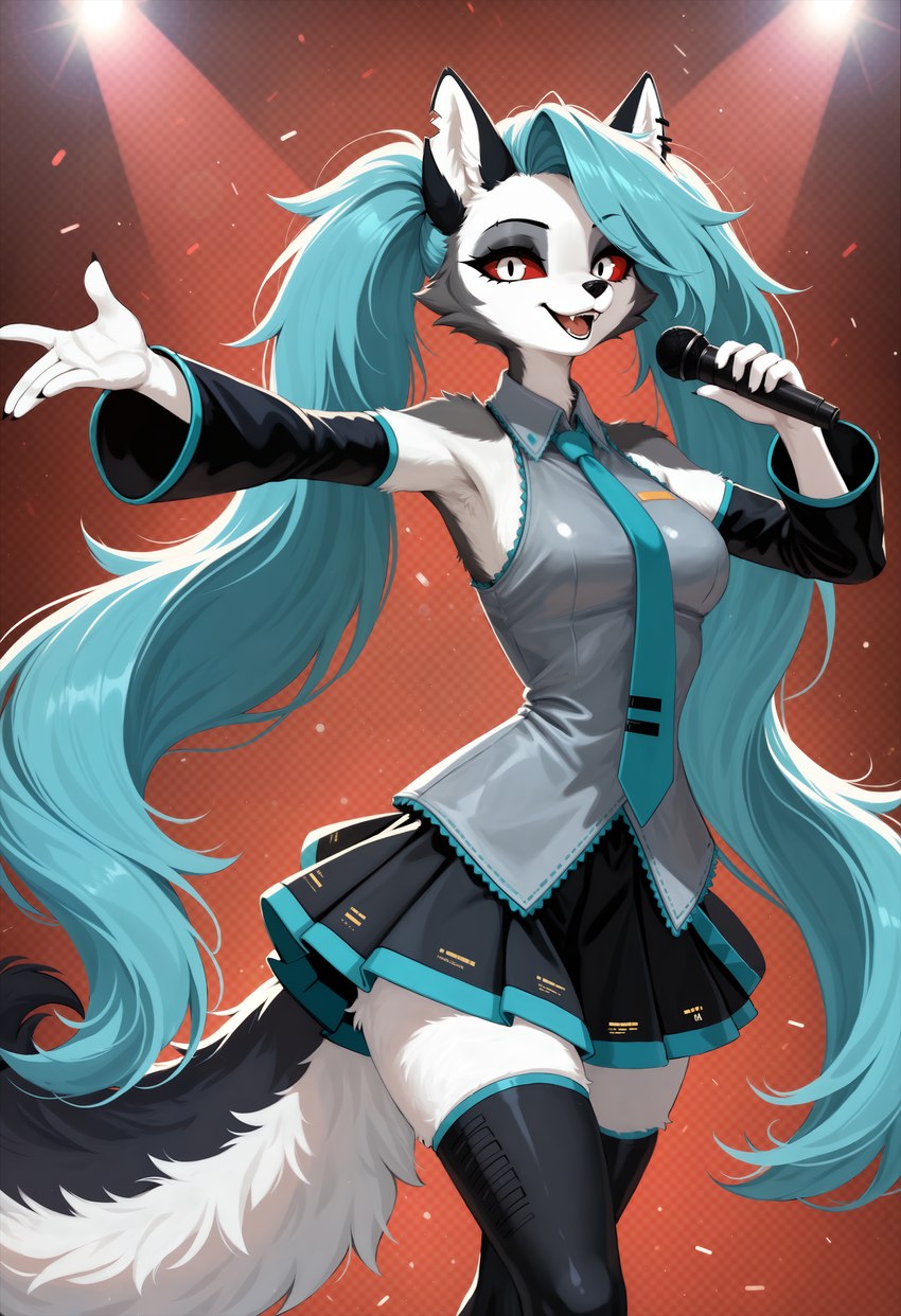 abstract_background alternate_species anthro blue_hair bottomwear breasts claws clothing collared_shirt crossover female fur furrification grey_body grey_fur hair happy legwear looking_at_viewer medium_breasts microphone necktie open_mouth outstretched_arm pose red_background red_sclera simple_background singing skirt solo teeth thigh_highs tongue very_long_hair white_body white_eyes white_fur ayo_keito hatsune_miku_(character) loona_(helluva_boss) canid canid_demon demon hellhound mammal absurd_res hi_res