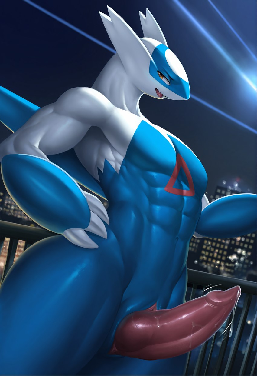 abs anthro bodily_fluids city city_background city_skyline cityscape dripping flared_penis genital_fluids genitals male night open_mouth penis precum precum_drip precum_string railing solo standing throbbing_penis tongue wings matt3985_(director) phazon generation_3_pokemon latios legendary_pokemon pokemon_(species) hi_res