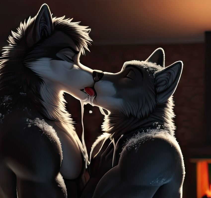 anthro bodily_fluids cum cum_in_mouth cum_inside duo eyes_closed fur genital_fluids kissing male male/male muscular muscular_male nude pecs romantic romantic_ambiance romantic_couple side_view snowballing tongue junothewoofer canid canine canis mammal wolf