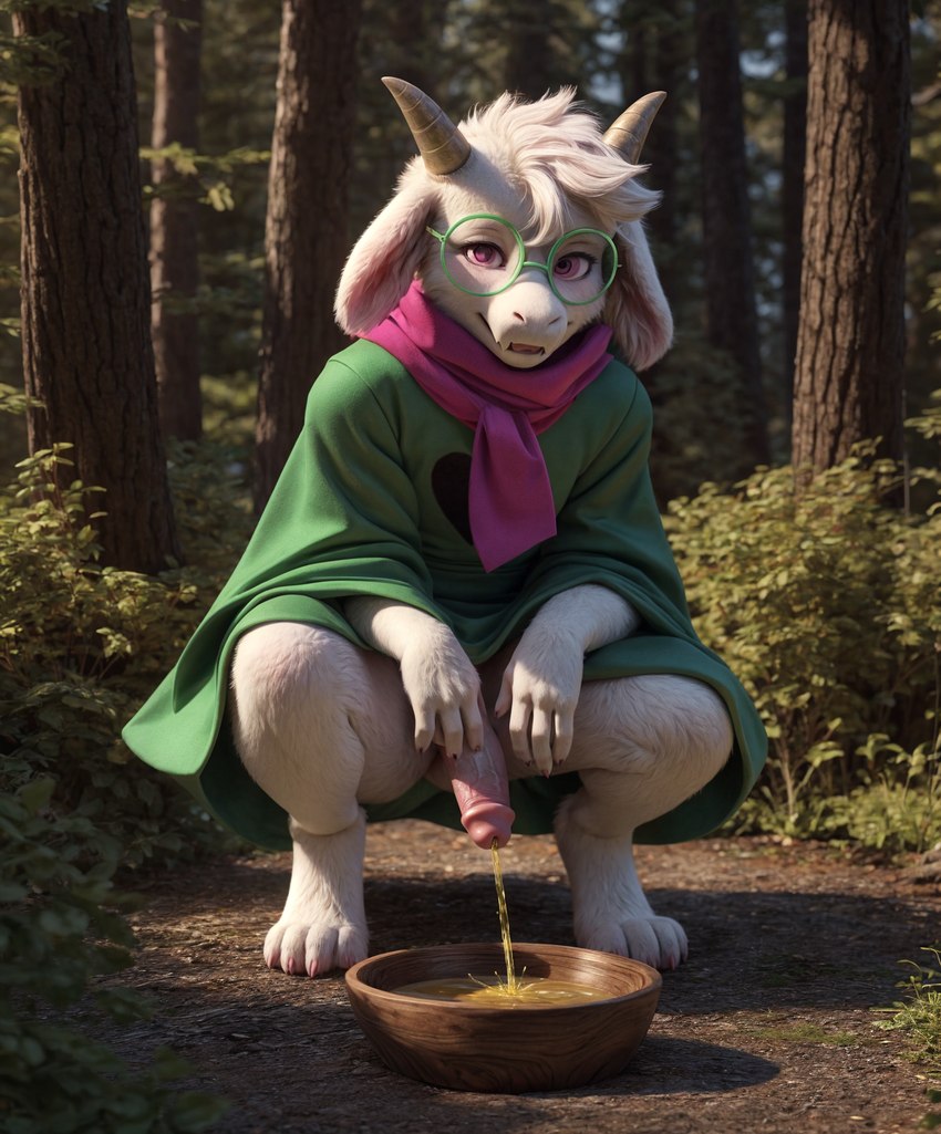 anthro balls bodily_fluids clothed clothing crouching deltarune eyewear fur genital_fluids genitals glasses hat headgear headwear horn male peeing peeing_into_container solo urine urine_stream watersports white_body white_fur director_lerrmot ralsei bovid caprine goat mammal hi_res