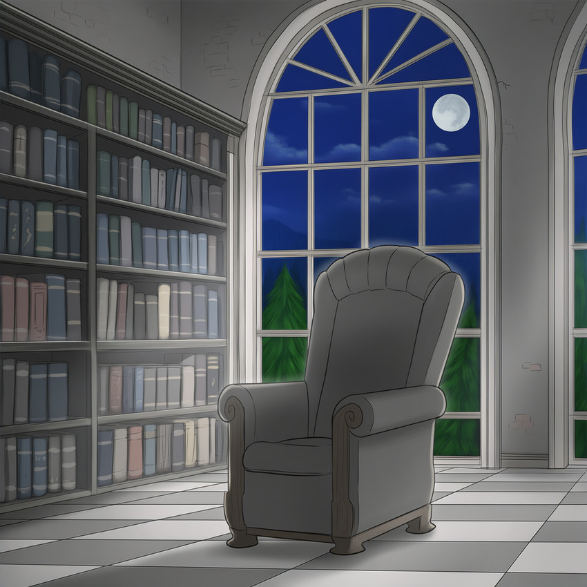 armchair bookshelf chair evergreen_tree floor furniture library light moon moonlight night pine_tree plant sky tile tile_floor tree window zero_pictured yasuhikonsfw hi_res
