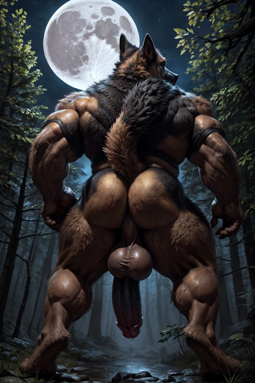 anthro back_muscles backsack balls big_balls big_penis bodily_fluids butt forest full_moon genital_fluids genitals huge_penis humanoid_genitalia humanoid_penis low-angle_view male moon muscular muscular_anthro muscular_male penis plant precum solo thick_penis thick_thighs tree dwe147147304 canid canine canis domestic_dog german_shepherd herding_dog mammal pastoral_dog hi_res