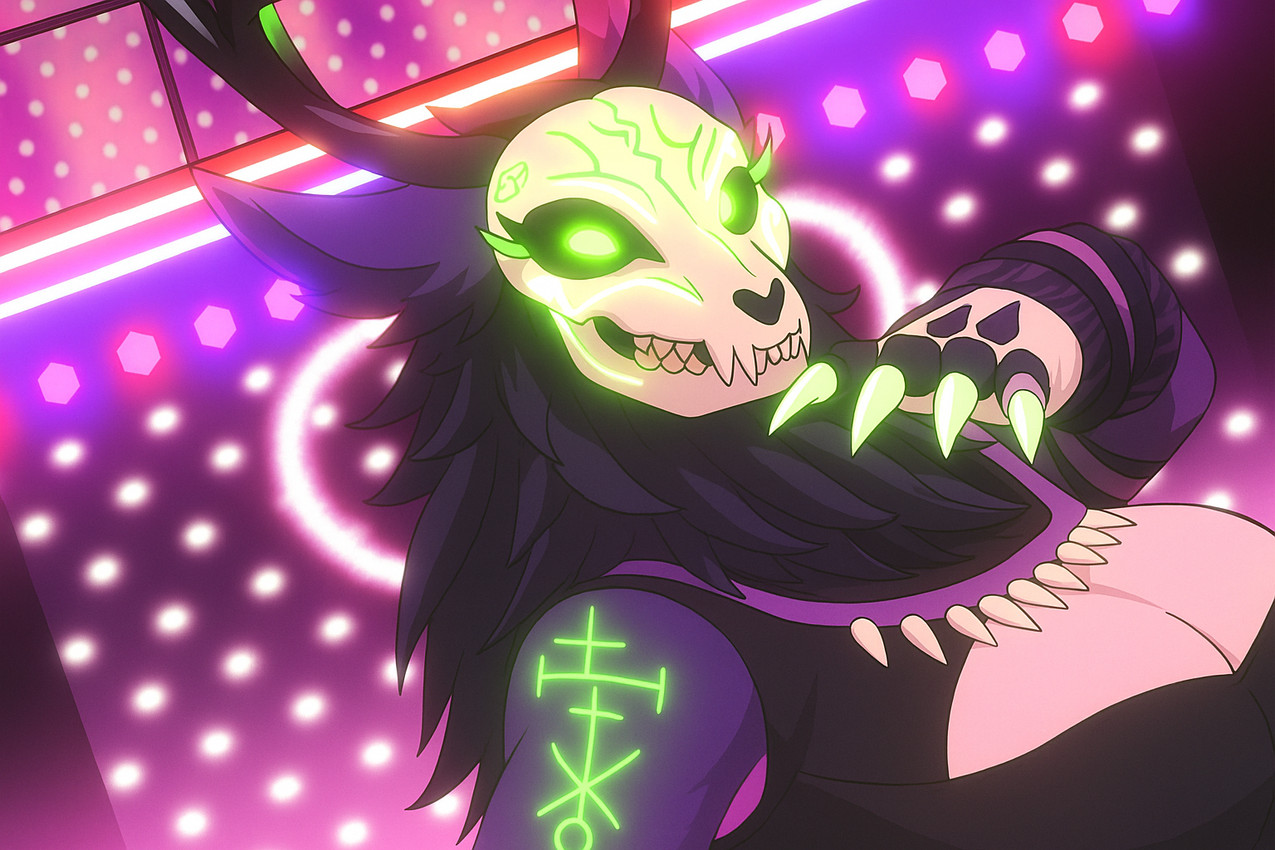 anthro antlers big_breasts bone breasts chatgpt chubby_anthro chubby_female claws female fur glowing glowing_eyes glowing_markings horn looking_at_viewer markings mythology neck_tuft neon_lights pink_body purple_body purple_fur runes skull skull_head slightly_chubby smile solo stage tuft anonymous_director zula monster mythological_creature skulldog_(species) wendigo