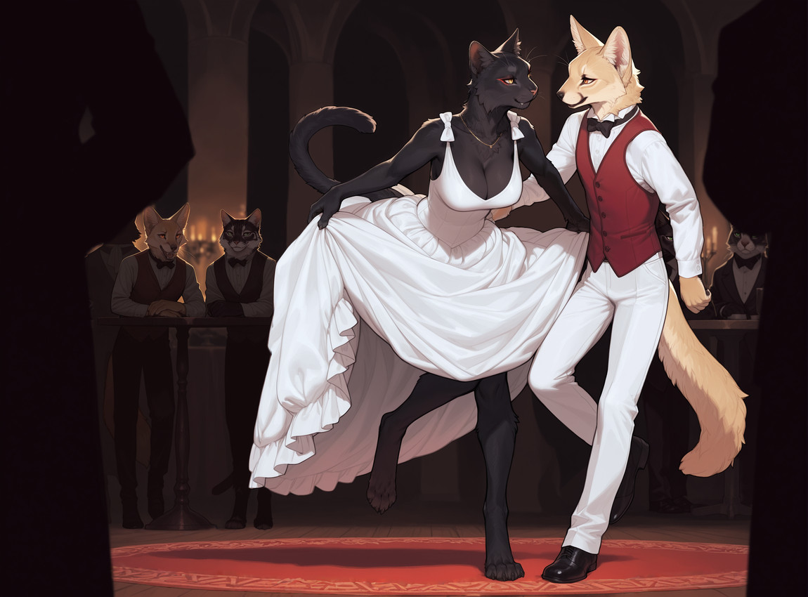 anthro ball_gown ballroom barefoot black_body black_fur bottomwear bowtie breasts candle candlelight cleavage clothed clothing clothing_lift dancing duo eyeliner feet female footwear fur furniture jewelry leaning light light_brown_fur looking_at_another makeup male male/female pants pupils rug shoes silhouette skirt skirt_lift slit_pupils table topwear vest cerinil background_character caelith_(cerinil) canid canine domestic_cat felid feline felis fennec fox mammal hi_res