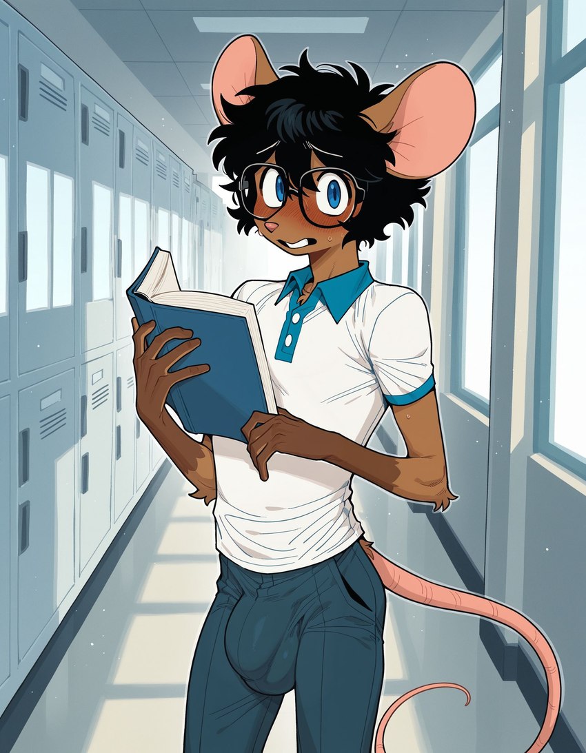 balls_outline big_bulge black_hair blue_clothing blue_eyes blush book bottomwear brown_body brown_fur bulge clothed clothing detailed_bulge embarrassed eyewear fully_clothed fur genital_outline glasses hair holding_book holding_object inside locker looking_at_viewer male male_anthro nerd pants school shirt shy solo tail teeth topwear anonymous_director mammal mouse murid murine rodent hi_res story story_in_description