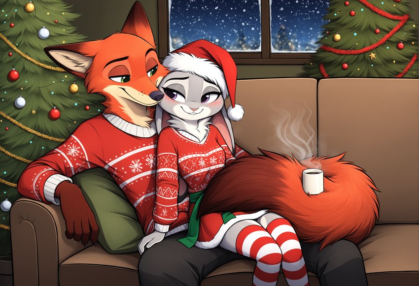 anthro beverage blush bottomwear candy cheek_tuft chocolate christmas christmas_clothing christmas_headwear christmas_tree clothed clothing container cup dessert detailed_background dipstick_ears dipstick_tail duo ear_markings ears_down eye_contact facial_markings facial_tuft female fingers food footwear fully_clothed fur furniture green_eyes grey_body grey_fur half-closed_eyes hat head_markings headgear headwear holding_cup holding_object holidays hot_chocolate inner_ear_fluff inside larger_male legwear looking_at_another male male/female markings multicolored_body multicolored_ears multicolored_fur multicolored_tail narrowed_eyes neck_tuft on_lap orange_body orange_fur pants pattern_clothing pattern_footwear pattern_legwear pattern_socks pattern_stockings pink_nose pivoted_ears plant purple_eyes romantic romantic_couple santa_hat sitting sitting_on_lap size_difference skirt smile snow snowing socks sofa steam stockings striped_clothing striped_footwear striped_legwear striped_socks striped_stockings stripes sweater tail_markings thigh_highs topwear tree tuft window winter alucard_(director) zootopia judy_hopps nick_wilde canid canine fox lagomorph leporid mammal rabbit red_fox absurd_res hi_res