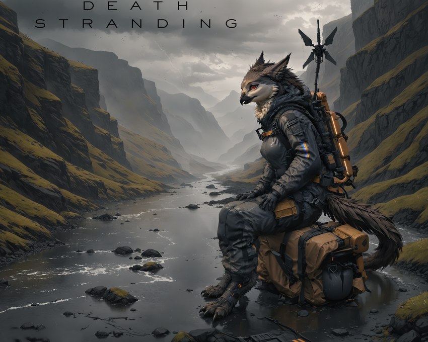 anthro backpack beak claws clothing feet female fluffy from_behind_position fur grey_body grey_fur long_tail mounting neck_tuft river sex sitting smile solo tuft white_body white_fur morrian yara_(morrian) velari hi_res